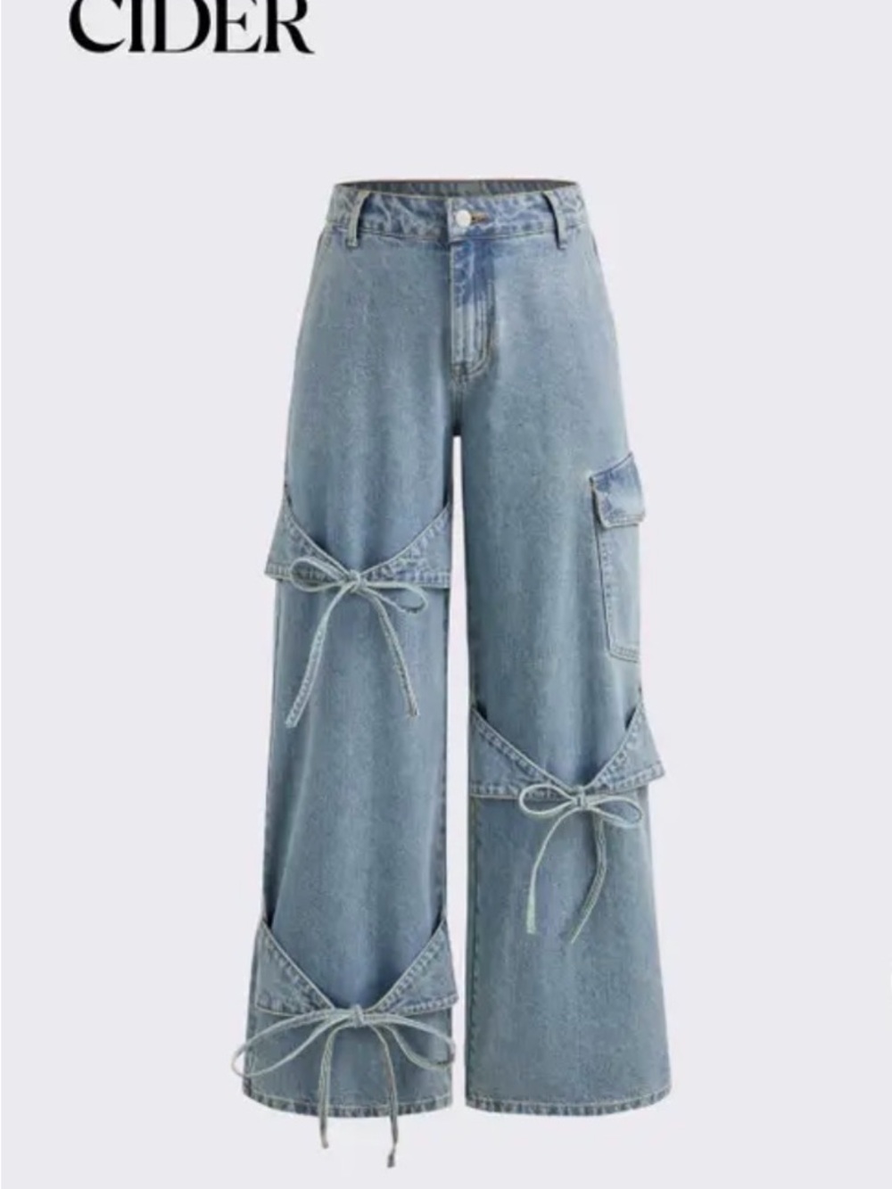 Cider Light Blue Wide Leg Tie-Detail Jeans